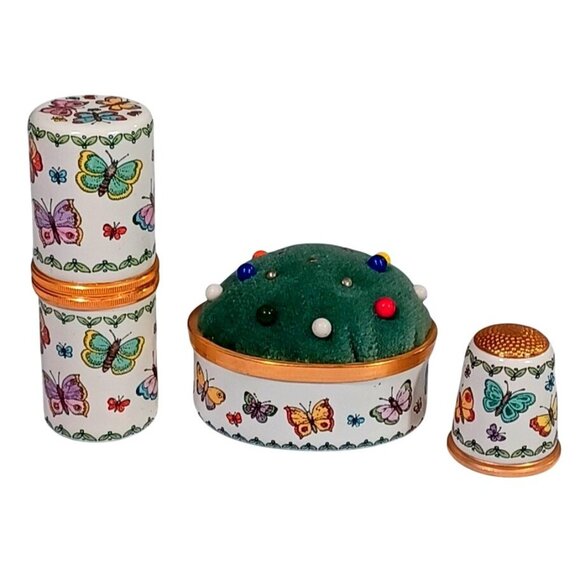 Halcyon Days Enamel 3 Pc Butterflies Sewing Needle Case Thimble Pin Cushion Set - Picture 2 of 15